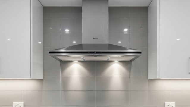 Modern stainless steel kitchen range hood with gray tile backsplash and white cabinets in contemporary interior design