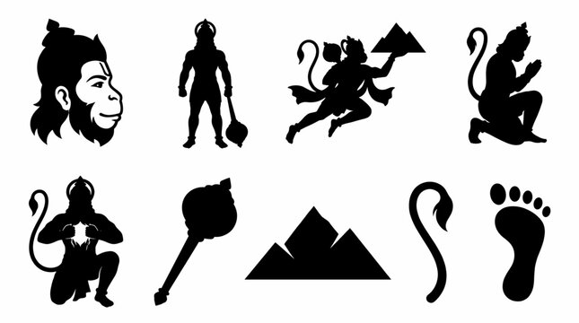 Lord Hanuman Silhouette Vector Set Black Shadow Illustrations of Hindu Monkey God Flying with Mountain and Praying for Religious Design Projects