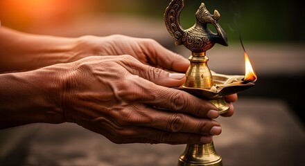 Close-Up of Weathered Hands Holding a Traditional Sri Lankan Oil Lamp at Golden Hour