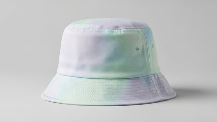Fototapeta premium Pastel tie-dye bucket hat on gray background with subtle color gradients and soft fabric texture