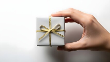 Right Hand Holding Small White Gift Box with Gold Ribbon