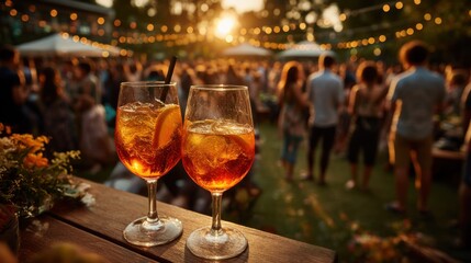 Refreshing drinks at a lively outdoor gathering during sunset with bright lights and joyful people around