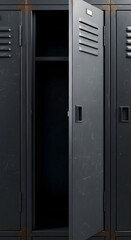 Rusty gray metal lockers with one open door