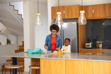 African american mother and daughter packing lunch on kitchen island slicing sandwich © wavebreak3
