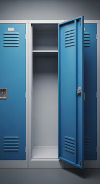 Blue school locker with open door showing empty interior
