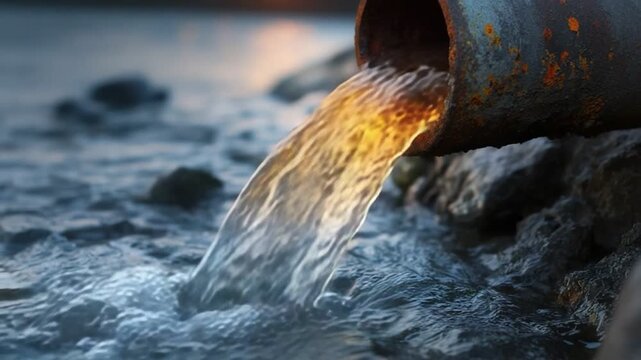 Polluted Water Discharge: Industrial pollution flows from a rusty pipe into a waterway, highlighting the urgent need for environmental conservation and the impact of pollutants on the ecosystem.