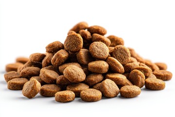 Dry dog food piled on a white surface ready for feeding pets with balanced nutrition in mind and promoting a healthy diet