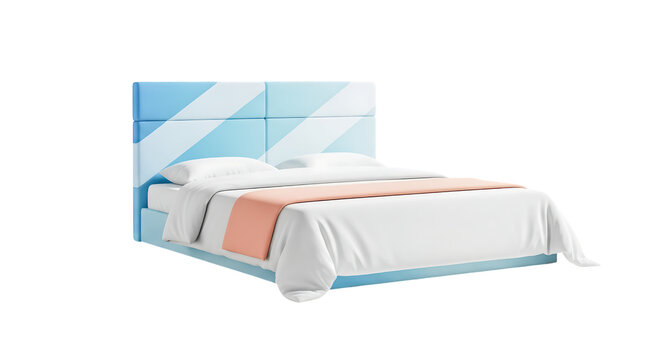 Modern double bed with a stylish blue and white striped upholstered headboard, crisp white bedding, and a peach-colored decorative runner, isolated on a white background for interior design concepts.
