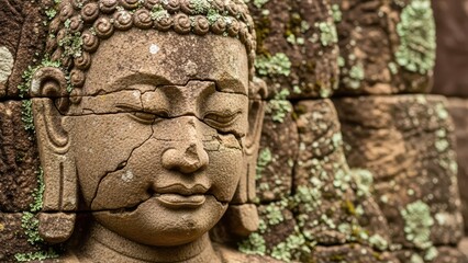 Obraz premium Ancient stone buddha face with moss-covered details in cambodian temple architecture