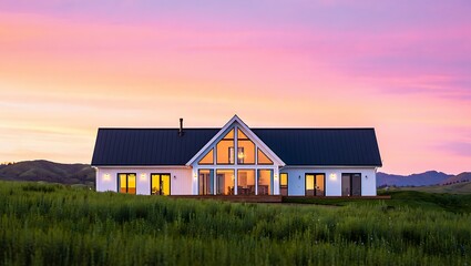Obraz premium Peaceful rural evening landscape with modern country house, glowing lights, green meadow, and golden sunset sky, showcasing tranquil countryside living, nature, and residential architecture lifestyle.