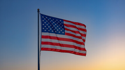 Obraz premium American Flag Waving Against a Clear Blue Sky at Sunset stars stripes