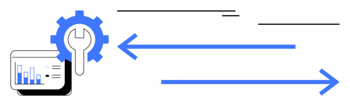 Gear beside analytics chart symbolizes process configuration. Two parallel arrows indicate workflow direction. Ideal for data flow, automation, business process, optimization, management, analytics