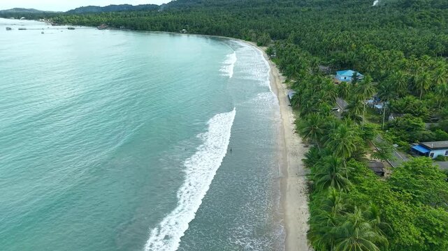 Natuna beach drone with mountain background, Natuna Island, Indonesia