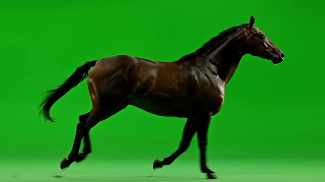 Dark brown horse running against a green background.