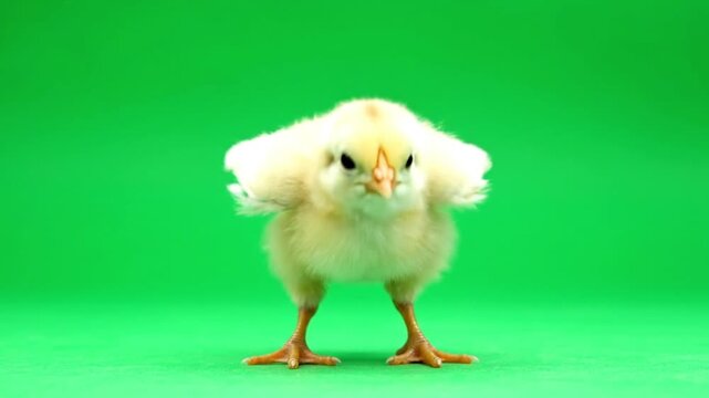 Adorable fluffy yellow baby chick standing on green background.
