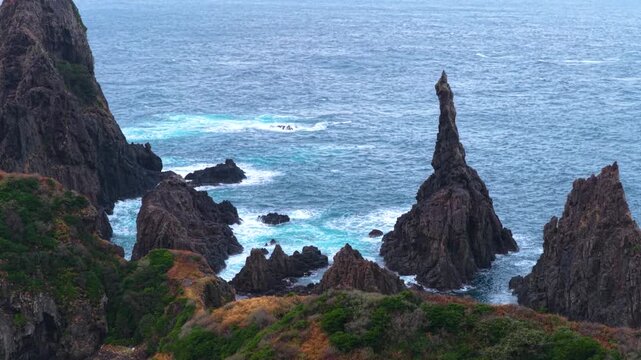 Candle Rock and Kuniga Coast, Stormy Day on Oki Islands, Japan
