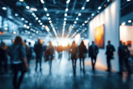 Blurred view of a tradeshow event with attendees exploring exhibits in a dynamic setting filled with lights and vibrant atmosphere