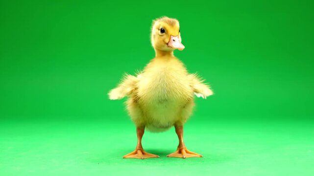 Adorable yellow duckling standing on green background.