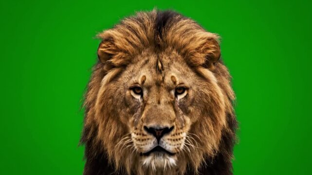 Majestic lion portrait against a green background.