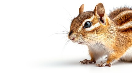 Obraz premium A full-body chipmunk photograph isolated on a white background. Detailed fur and posture, suitable for pet-related illustrations.