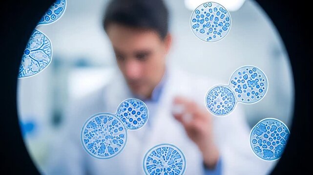 Scientist examining microscopic cells under laboratory microscope with detailed close-up views of