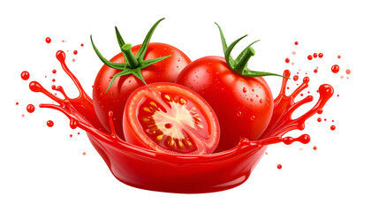 Vibrant tomatoes, one sliced, in a splash of juice with water droplets