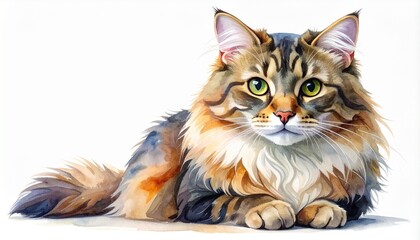 Obraz premium Majestic Maine Coon Cat Rests, Illustrating Soft Fur Texture in Watercolor