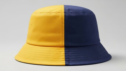 Fototapeta premium Yellow and blue color-blocked bucket hat on neutral background displaying modern fashion style
