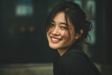 Obraz premium Attractive young Asian woman smiling warmly in a casual setting while enjoying a joyful moment during the day