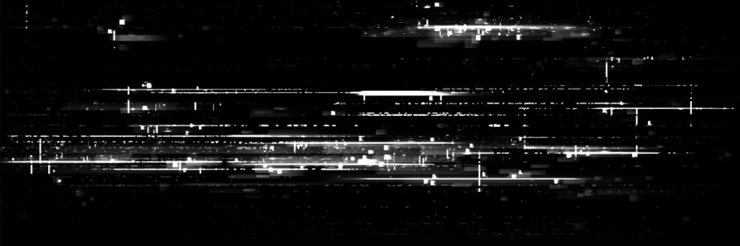 Digital glitch texture with pixelated noise effect. Vector realistic illustration of abstract video rewind pattern on black screen background, static noise overlay, retro tv display, signal distortion