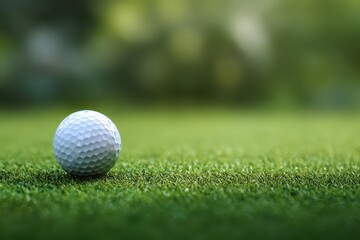 Obraz premium Golf ball resting on lush green turf in a serene outdoor setting during sunny daylight, ideal for enthusiasts and players to enjoy their game on the course