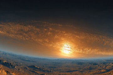 Sunset panorama captures the breathtaking beauty of a vibrant horizon with dramatic clouds over a distant landscape during twilight hours