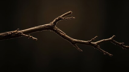 Detailed close-up of a leafless tree branch against a dark background with textured bark and buds