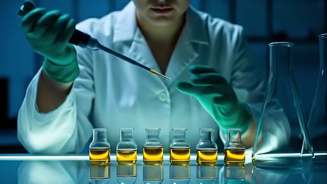 Scientist in lab coat and gloves conducting chemical experiment with test tubes and beakers in