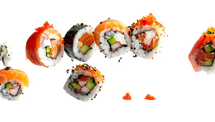 Assortment of colorful sushi rolls isolated on a black background, fresh presentation