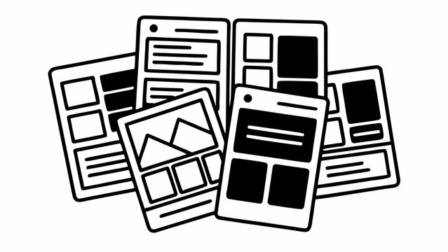 A flat illustration of a chaotic pile of website wireframes, showcasing various layouts and design elements