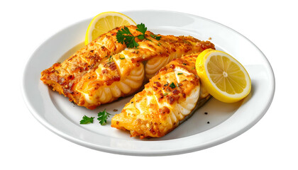 Grilled salmon fillets garnished with lemon slices and parsley on a white plate