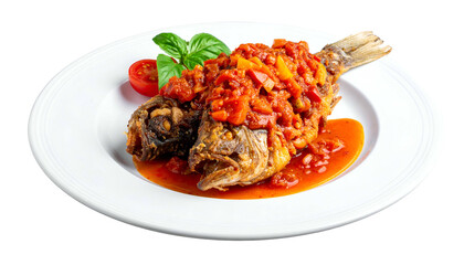 Fried fish dish with vibrant tomato sauce, basil, and a tomato slice on a white plate