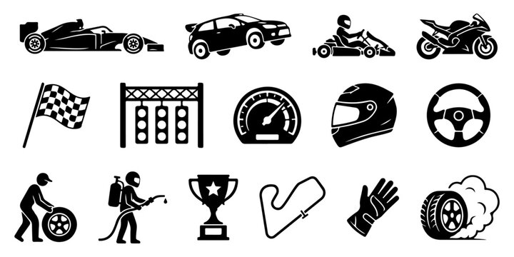 Motorsports and auto racing silhouette icons set featuring racing cars, motorcycles, go-kart, pit crew, and equipment isolated