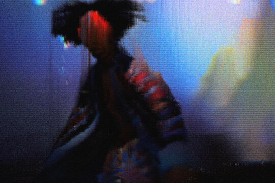 Anonymous figure in cyberspace with virtual reality and digital effects