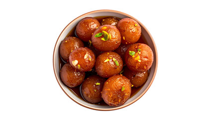 Overhead view of gulab jamun, a sweet Indian dessert, in a light brown bowl
