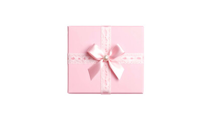 Pink gift box with lace ribbon, satin bow, and pearl on black background