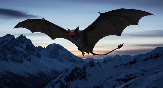 Fantasy monster with red glowing eyes flying over snowy mountains at dusk.
