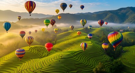 Fototapeta premium Hot air balloons floating over lush green rice terraces at sunrise.