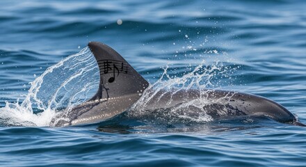 Fototapeta premium Dolphin fin with musical notes breaks surface of blue ocean water.