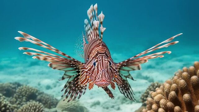 A lionfish swimming in the ocean with coral reef