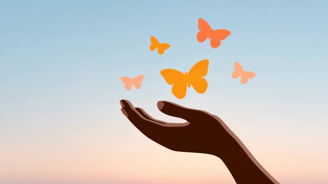 Graceful butterflies soar from outstretched hand at sunset