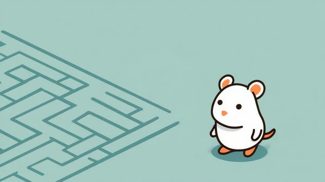 Animated hamster navigating maze with curiosity and determination in minimalist style
