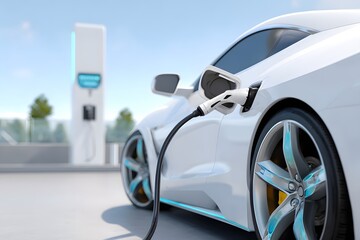 Fototapeta premium Electric car charging in an urban setting, representing clean energy and modern transportation technology