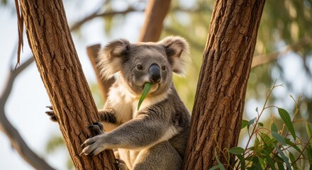 A cute koala bear sits in a tree eating leaves.